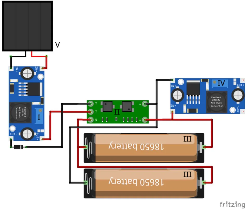 Fritzing schematic of the battery pack: solar panel, step-down, BMS and two 18650 cells
